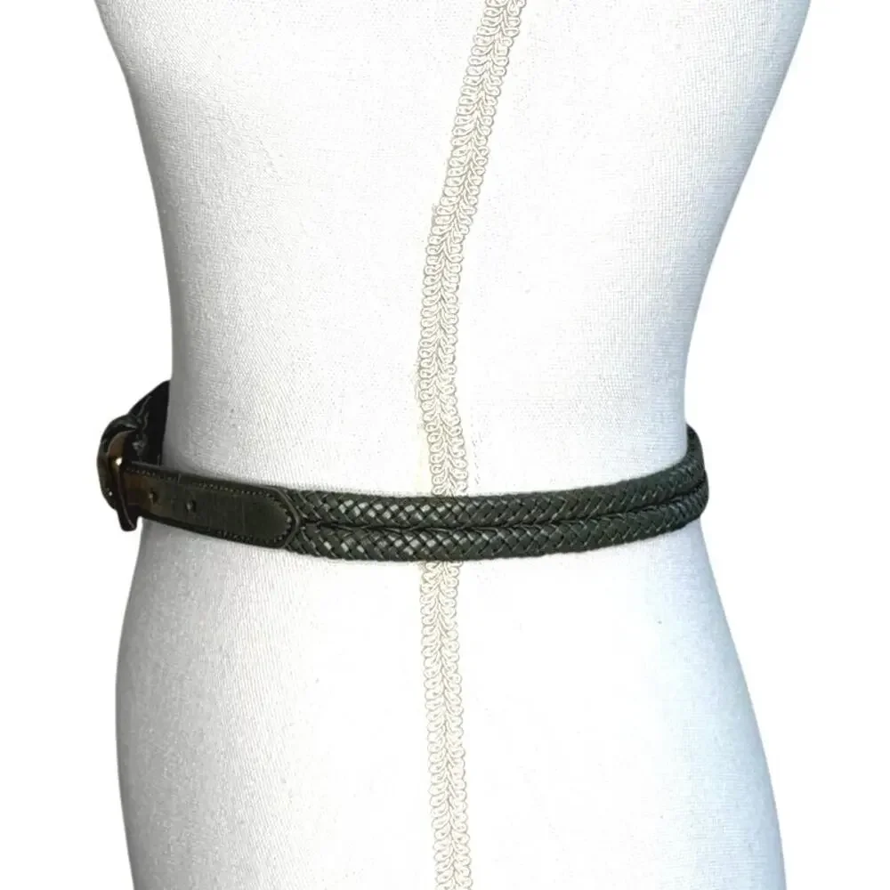 Talbots green leather braided leather belt brass hardware size XS
